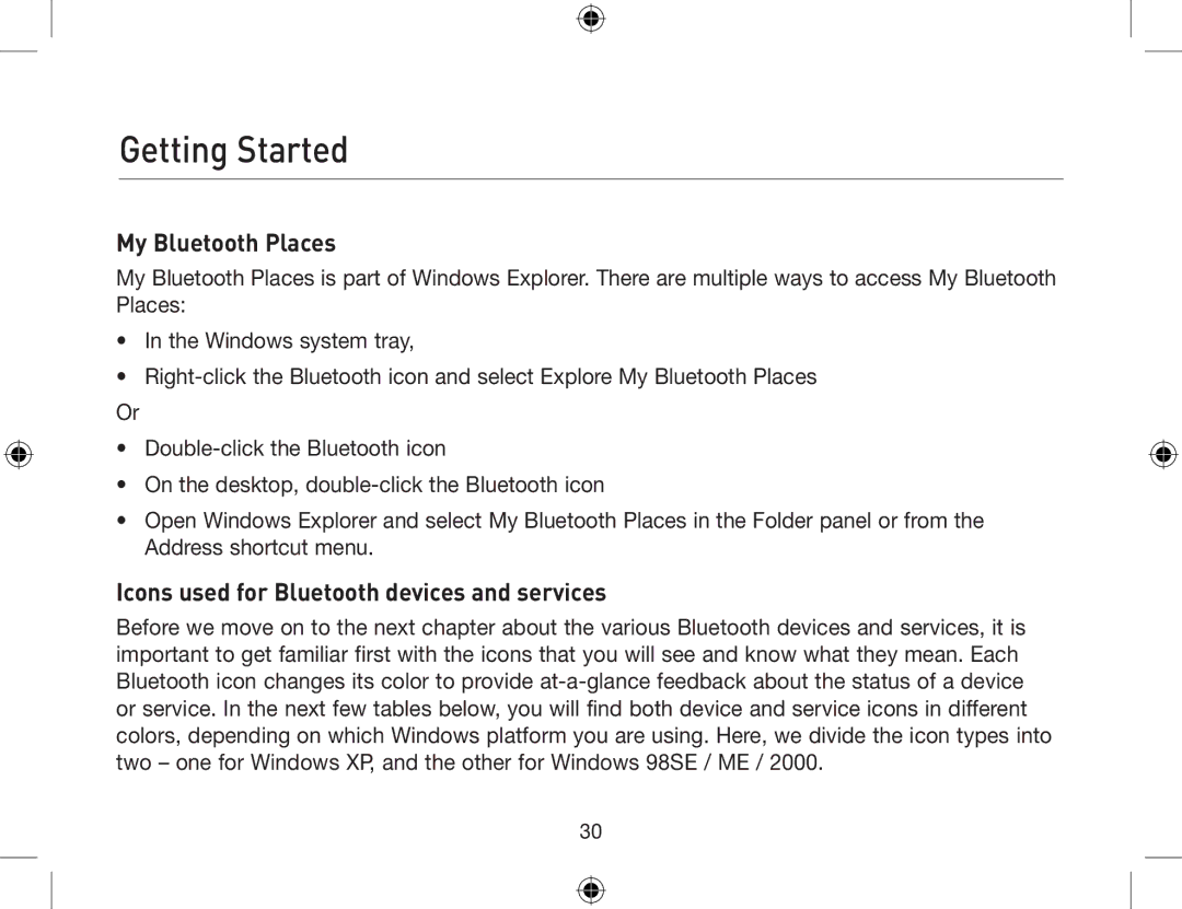 Belkin F8T013, F8T012 user manual My Bluetooth Places, Icons used for Bluetooth devices and services 