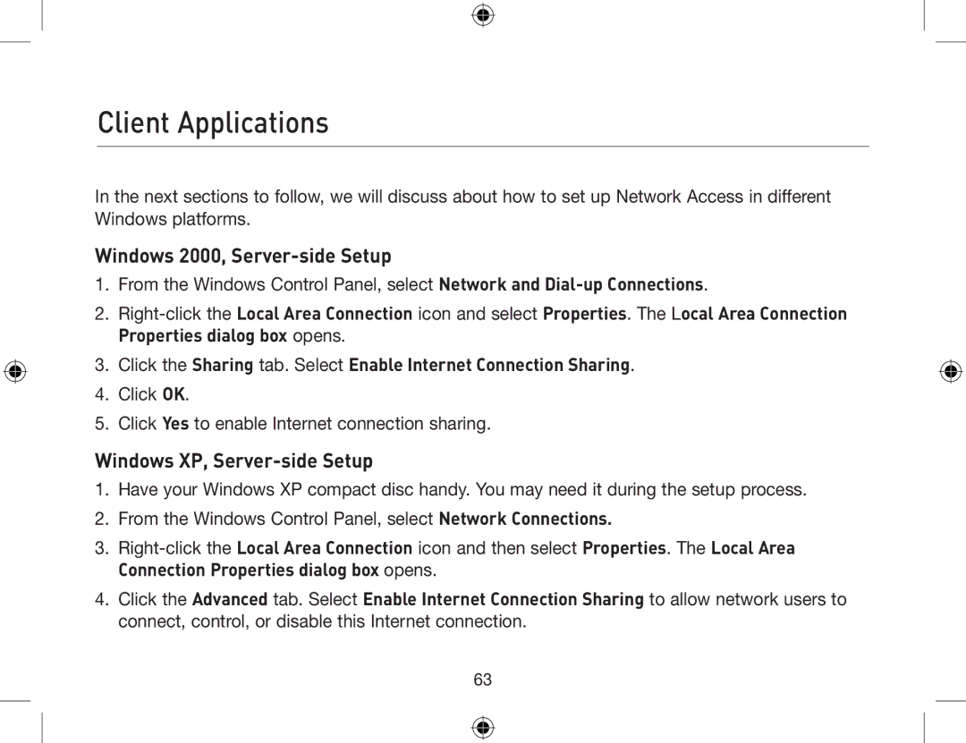 Belkin F8T012, F8T013 user manual Windows 2000, Server-side Setup, Windows XP, Server-side Setup 