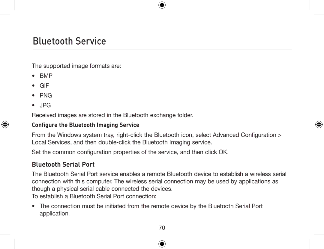 Belkin F8T013, F8T012 user manual Bluetooth Serial Port, Configure the Bluetooth Imaging Service 