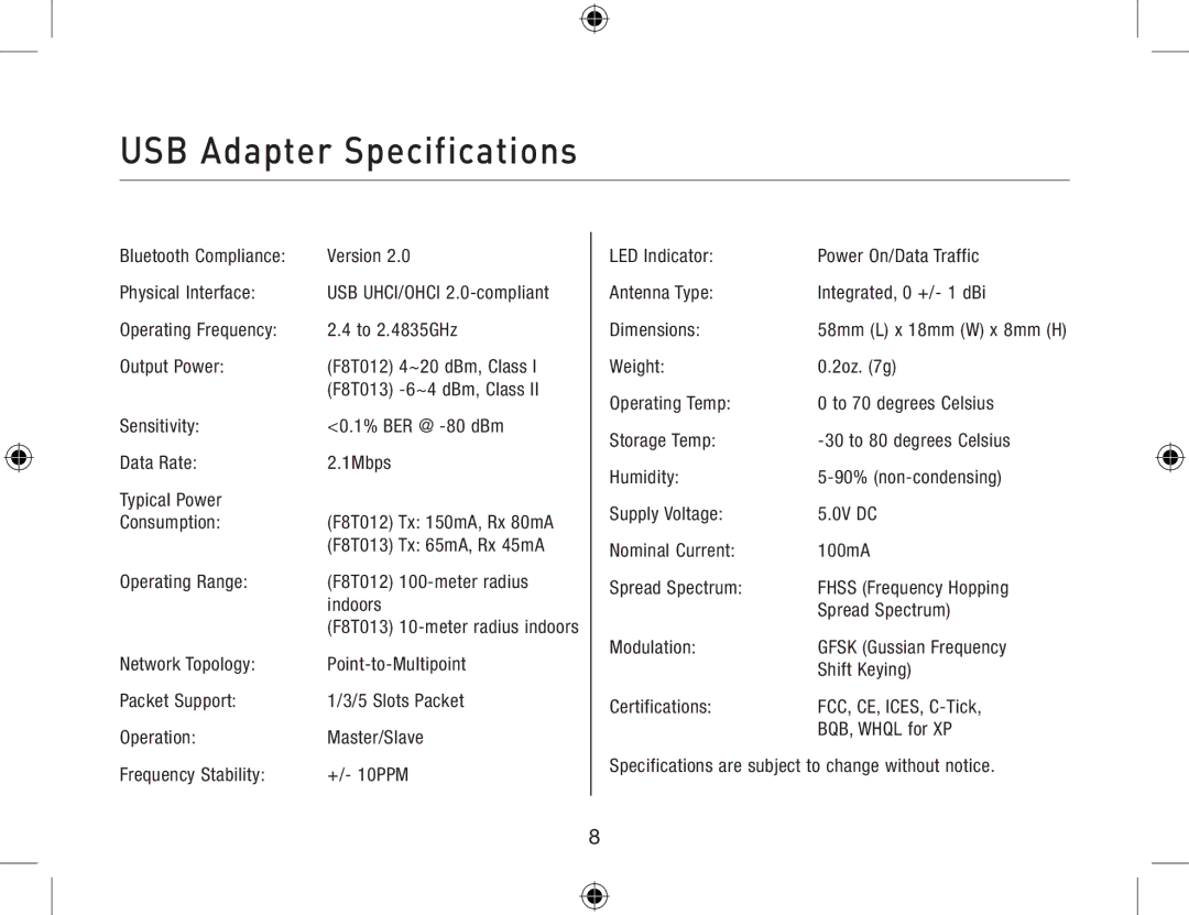 Belkin F8T013, F8T012 user manual USB Adapter Specifications 