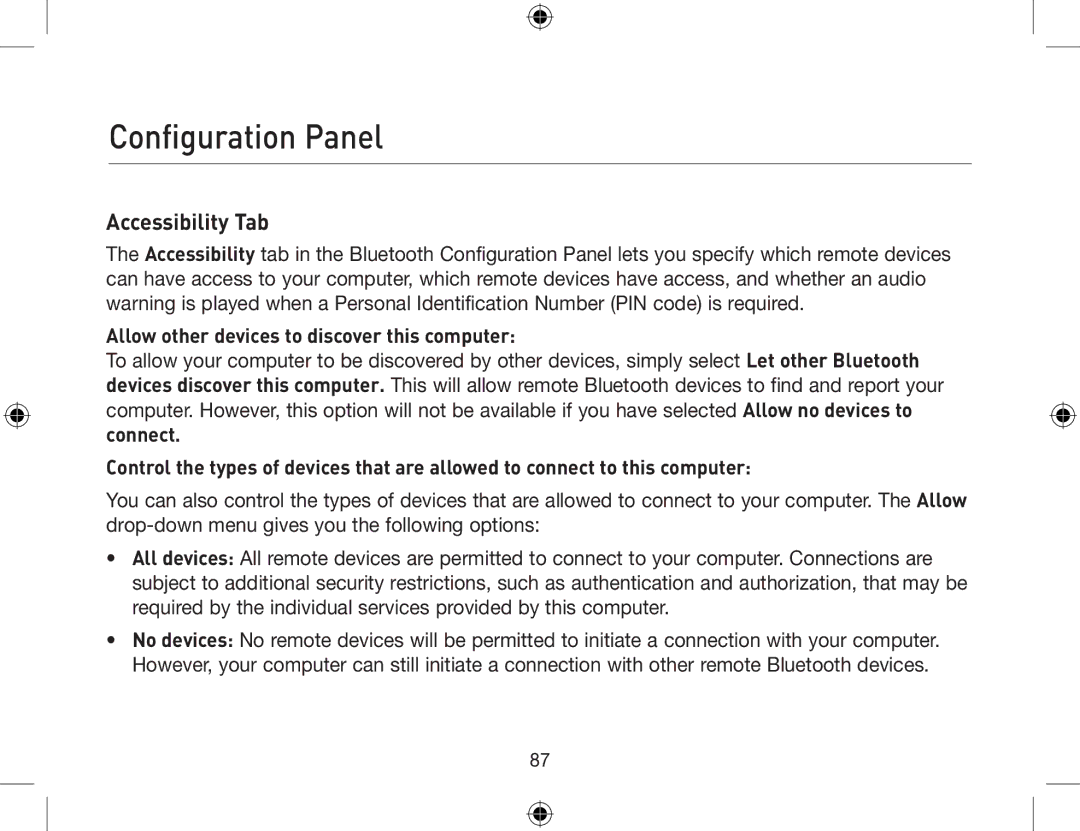 Belkin F8T012, F8T013 user manual Accessibility Tab, Allow other devices to discover this computer 