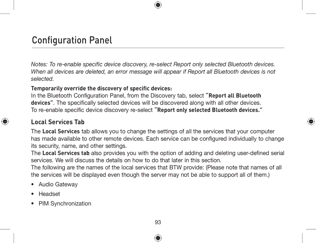 Belkin F8T012, F8T013 user manual Local Services Tab, Temporarily override the discovery of specific devices 