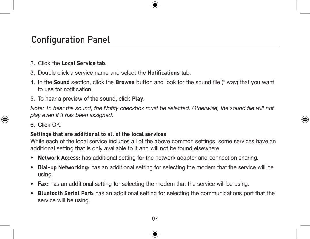 Belkin F8T012, F8T013 user manual Click the Local Service tab, Settings that are additional to all of the local services 