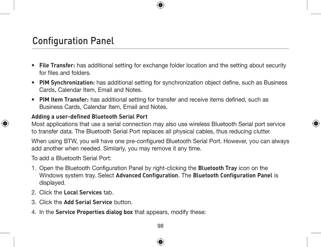 Belkin F8T013, F8T012 user manual Adding a user-defined Bluetooth Serial Port 