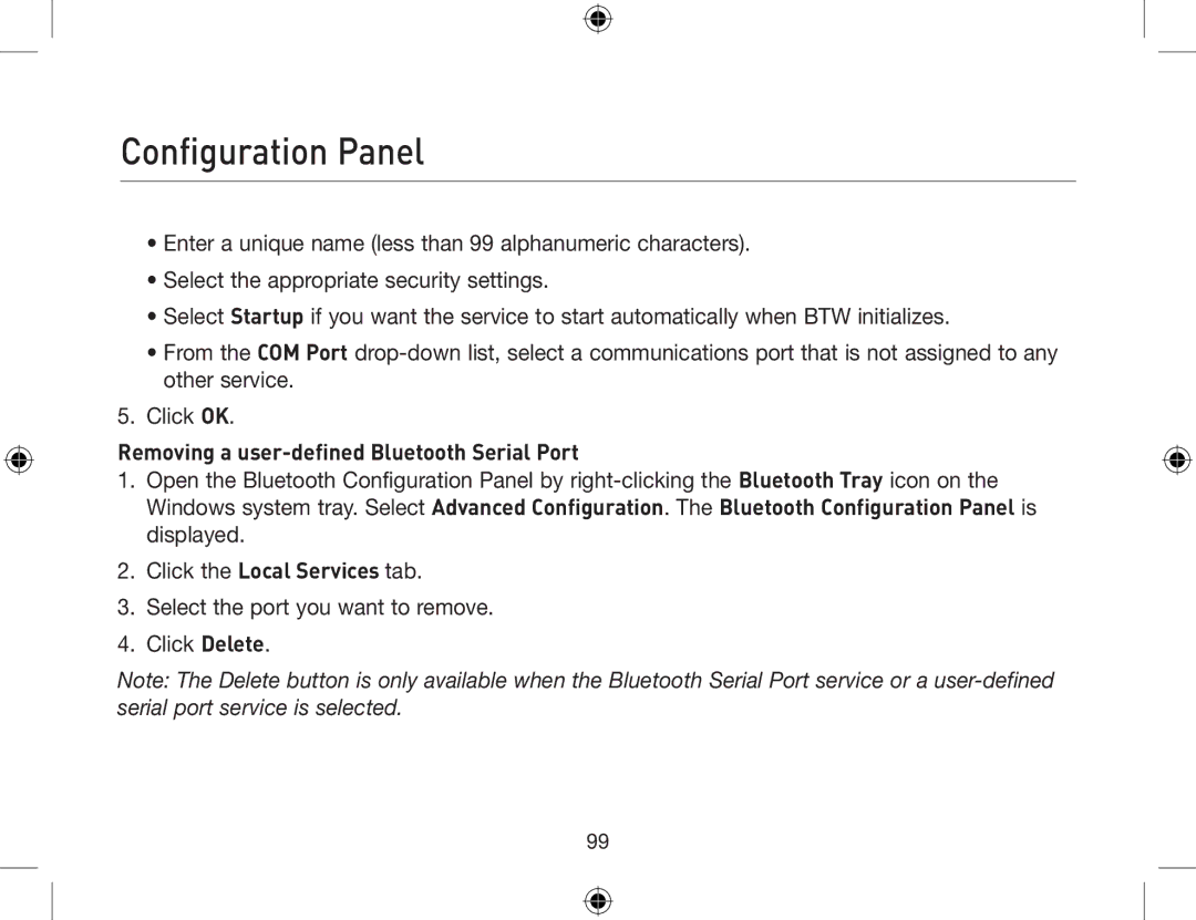 Belkin F8T012, F8T013 user manual Removing a user-defined Bluetooth Serial Port, Click the Local Services tab 