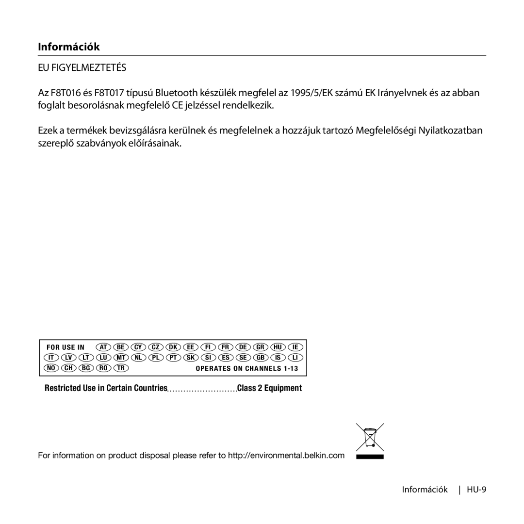 Belkin F8T016, F8T017 manual EU Figyelmeztetés 