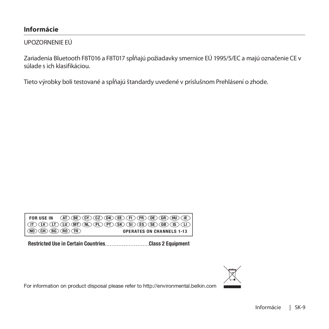 Belkin F8T016, F8T017 manual Upozornenie EÚ 