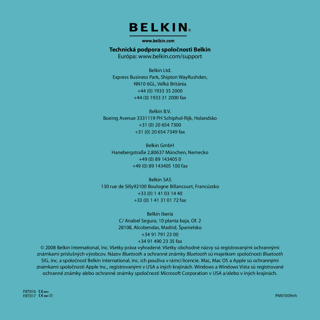 Belkin F8T017, F8T016 manual Technická podpora spoločnosti Belkin 