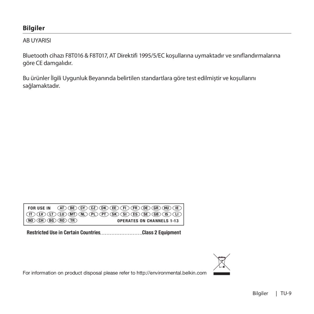 Belkin F8T016, F8T017 manual AB Uyarisi 