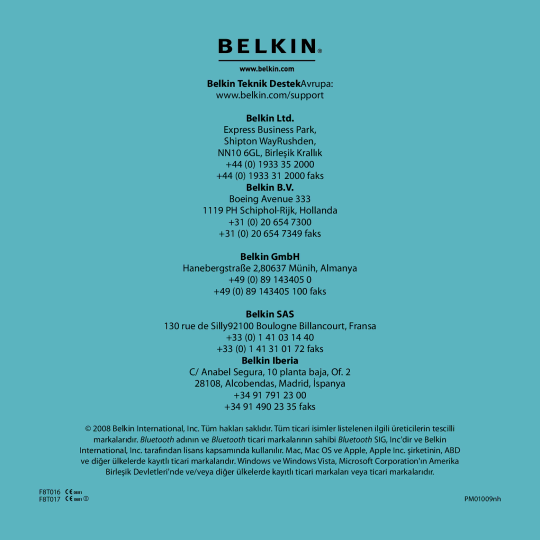 Belkin F8T017, F8T016 manual Belkin Teknik DestekAvrupa, Belkin B.V 