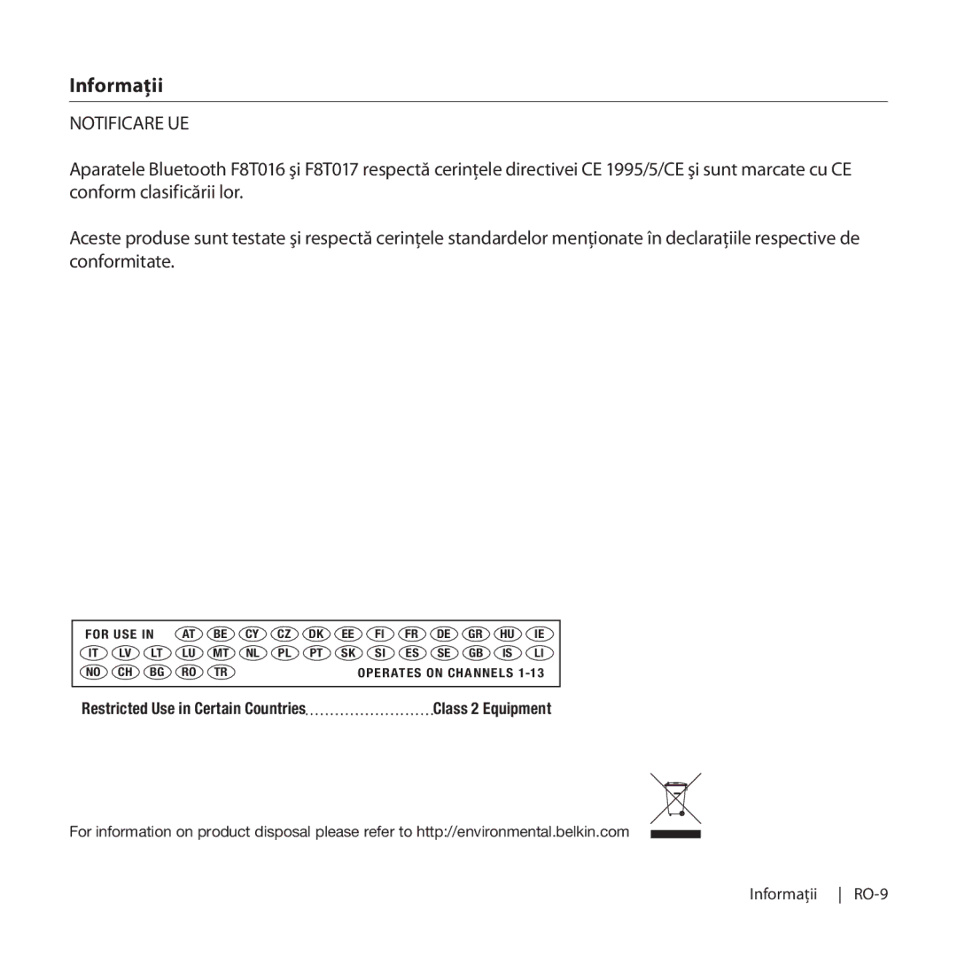 Belkin F8T016, F8T017 manual Notificare UE 