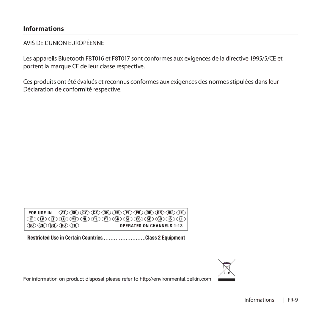 Belkin F8T016, F8T017 manual Avis DE L’UNION Européenne 