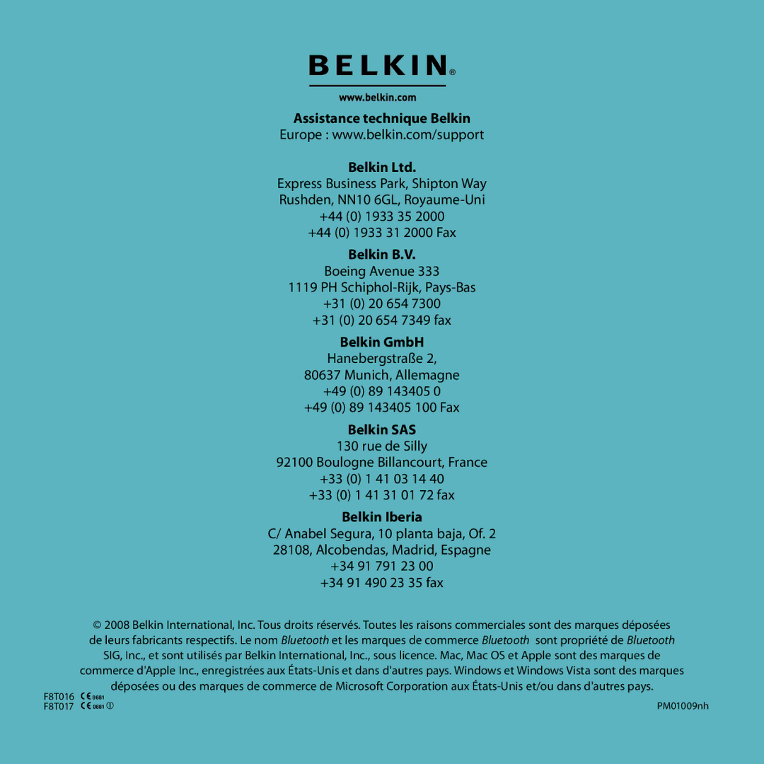 Belkin F8T017, F8T016 manual Assistance technique Belkin, Belkin B.V 