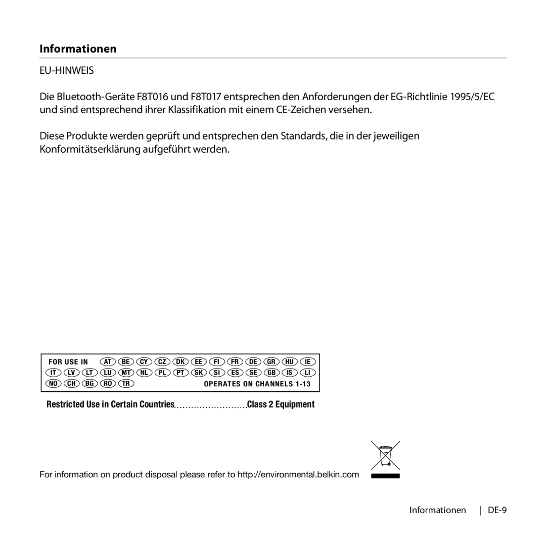 Belkin F8T016, F8T017 manual Eu-Hinweis 