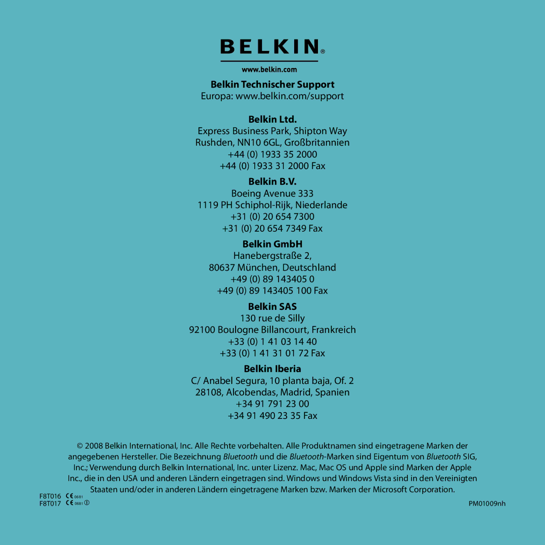 Belkin F8T017, F8T016 manual Belkin Technischer Support, Belkin B.V 