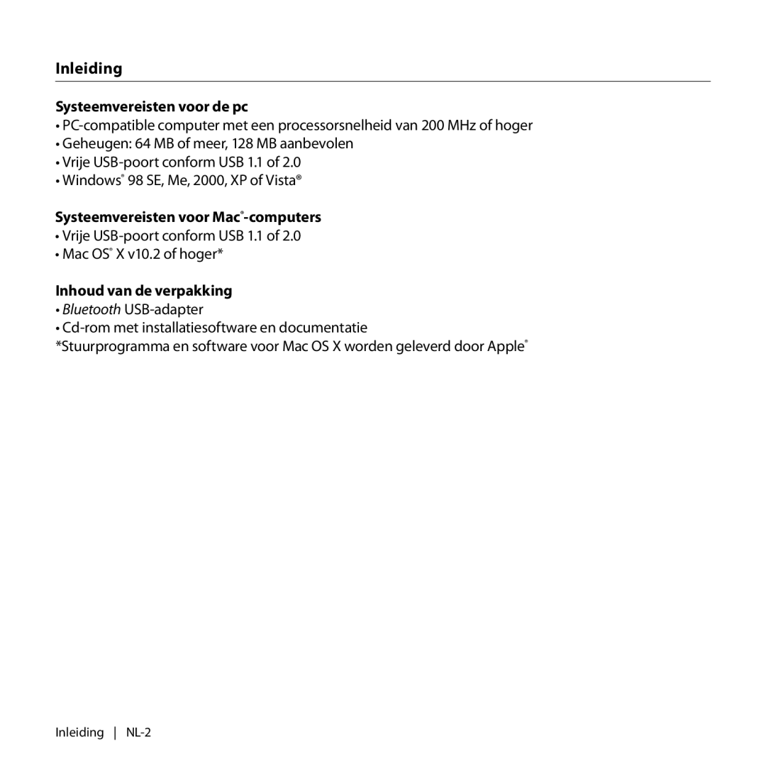 Belkin F8T017 manual Inleiding, Systeemvereisten voor de pc, Systeemvereisten voor Mac-computers, Inhoud van de verpakking 