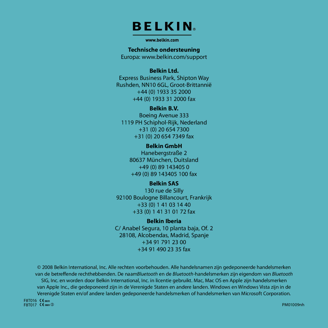 Belkin F8T017, F8T016 manual Technische ondersteuning, Belkin B.V 