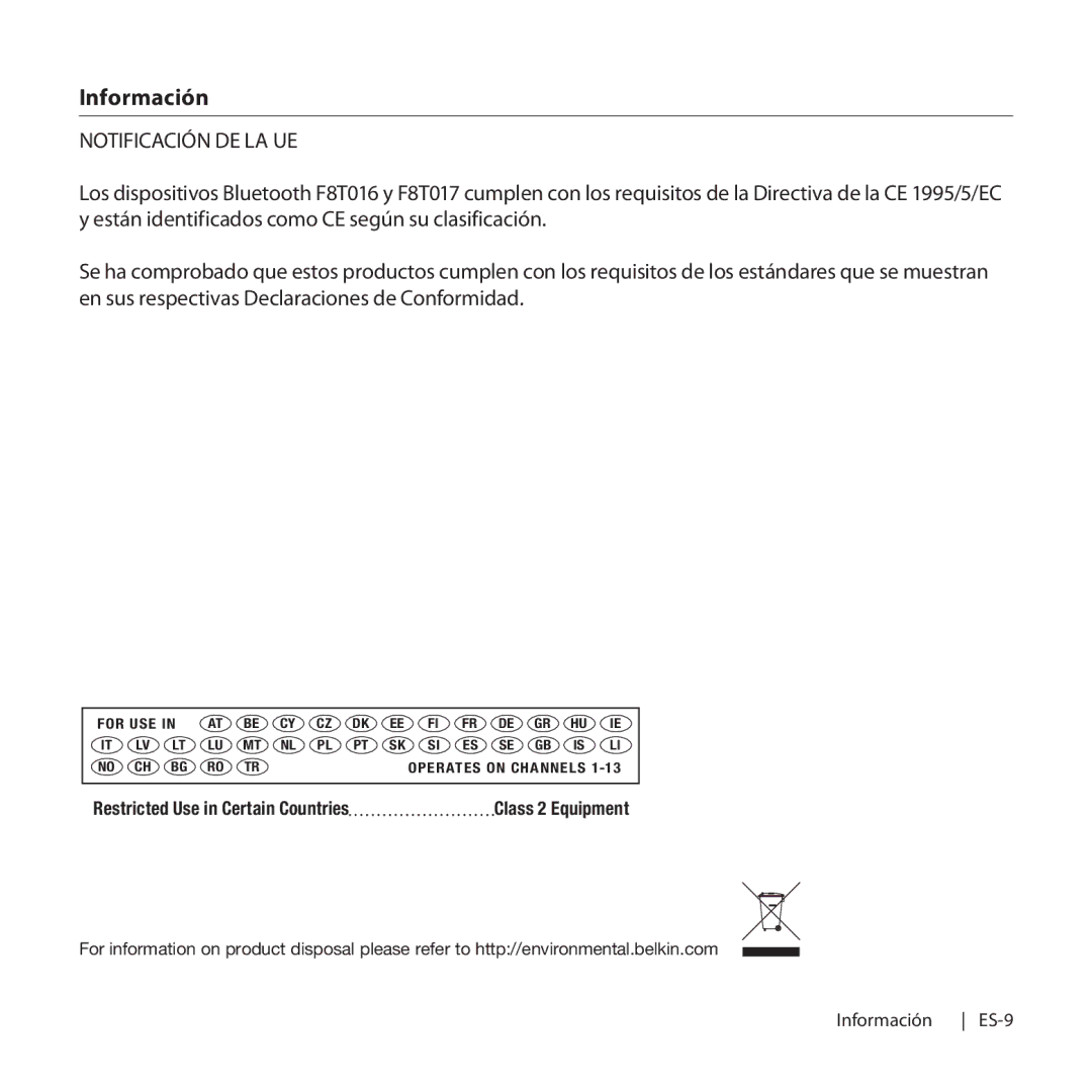 Belkin F8T016, F8T017 manual Notificación DE LA UE 