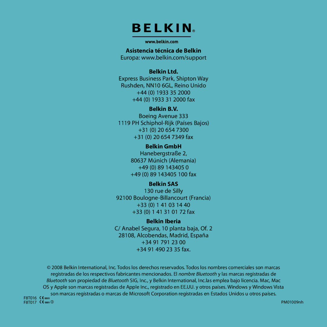 Belkin F8T017, F8T016 manual Asistencia técnica de Belkin, Belkin B.V 