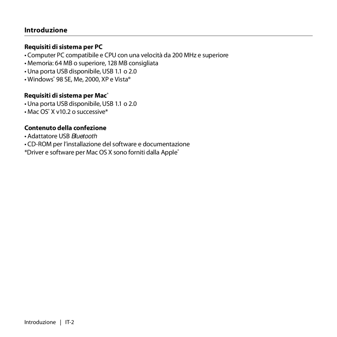 Belkin F8T017, F8T016 Introduzione, Requisiti di sistema per PC, Requisiti di sistema per Mac, Contenuto della confezione 