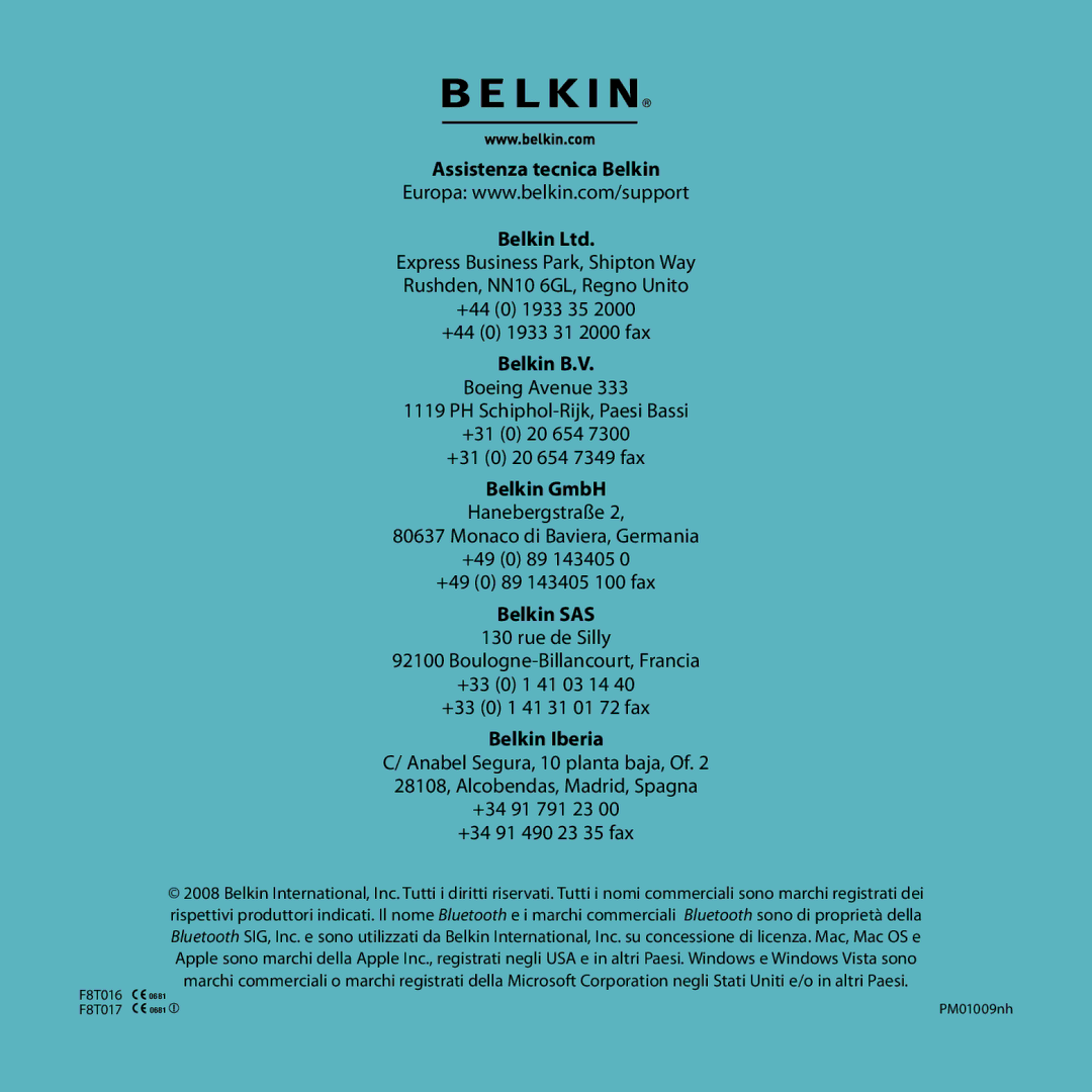 Belkin F8T017, F8T016 manual Assistenza tecnica Belkin, Belkin B.V 