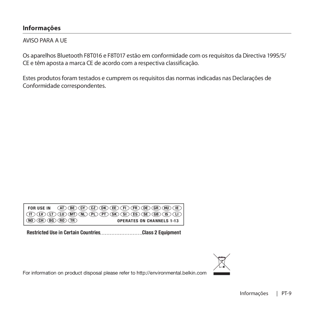 Belkin F8T016, F8T017 manual Aviso Para a UE 