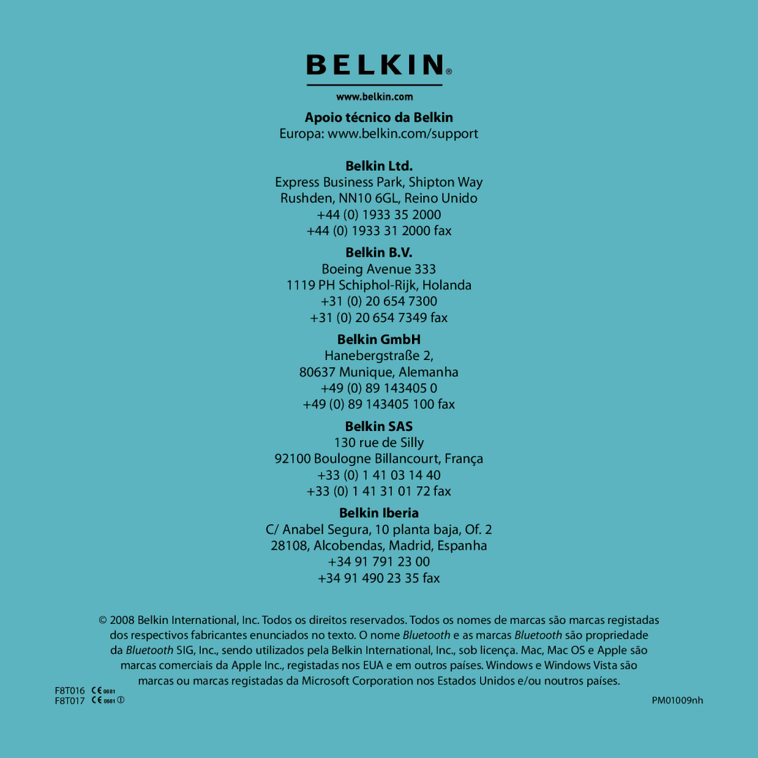 Belkin F8T017, F8T016 manual Apoio técnico da Belkin, Belkin B.V 