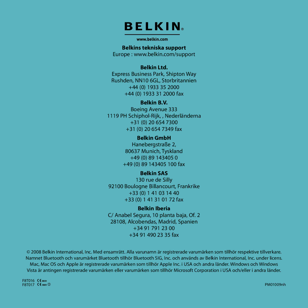 Belkin F8T017, F8T016 manual Belkins tekniska support, Belkin B.V 