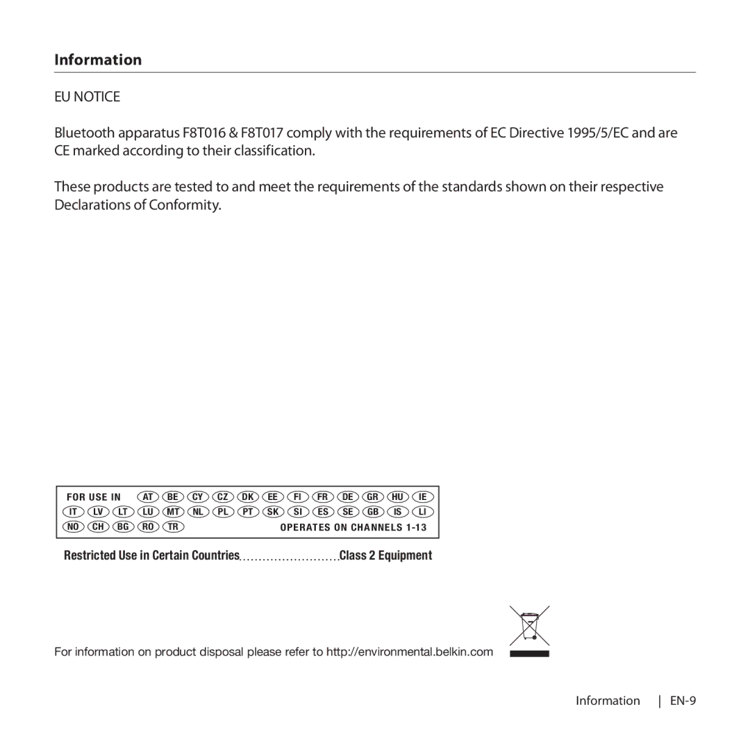 Belkin F8T016, F8T017 manual EU Notice 