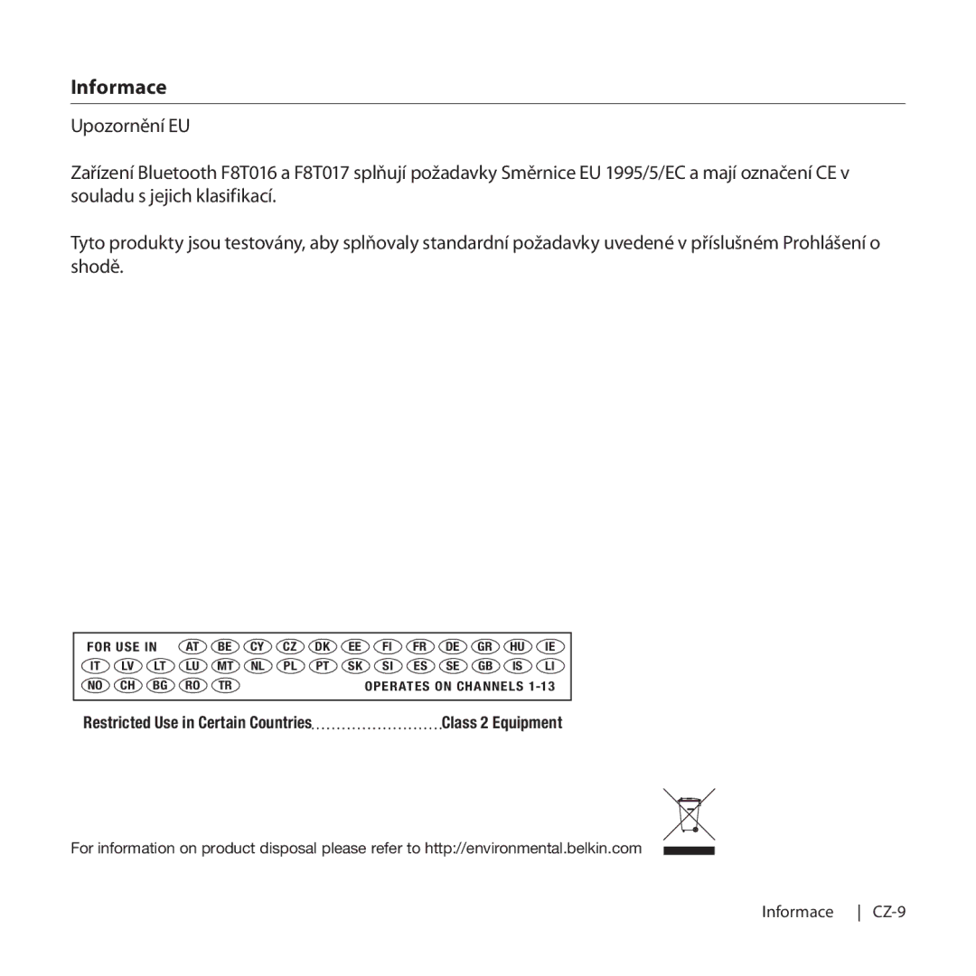 Belkin F8T016, F8T017 manual Informace CZ-9 