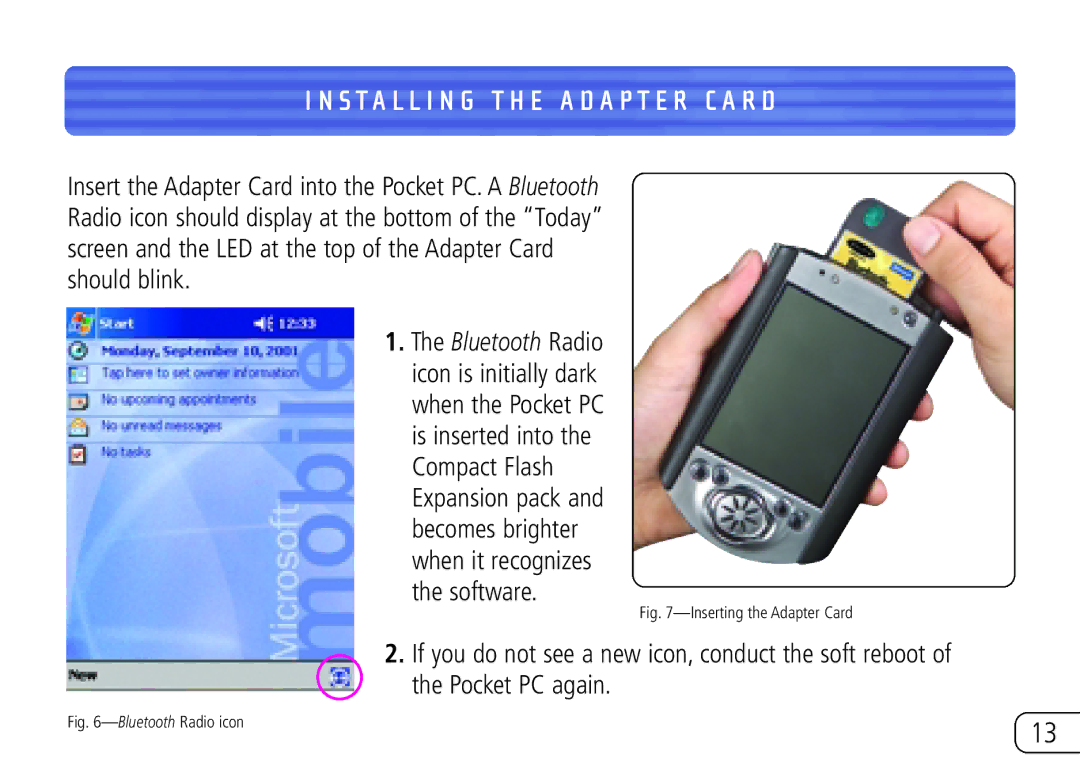 Belkin F8T020 user manual Install I N G T H E a D a P T E R C a R D, Inserting the Adapter Card 