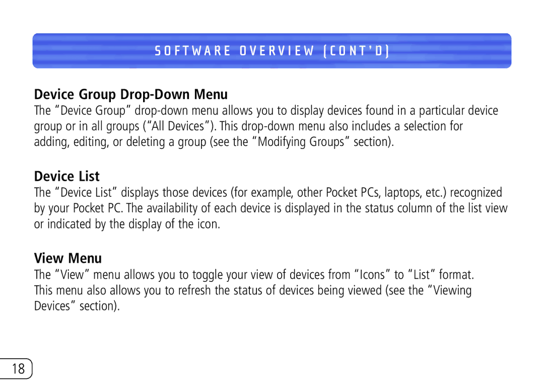 Belkin F8T020 user manual Device Group Drop-Down Menu, Device List, View Menu 