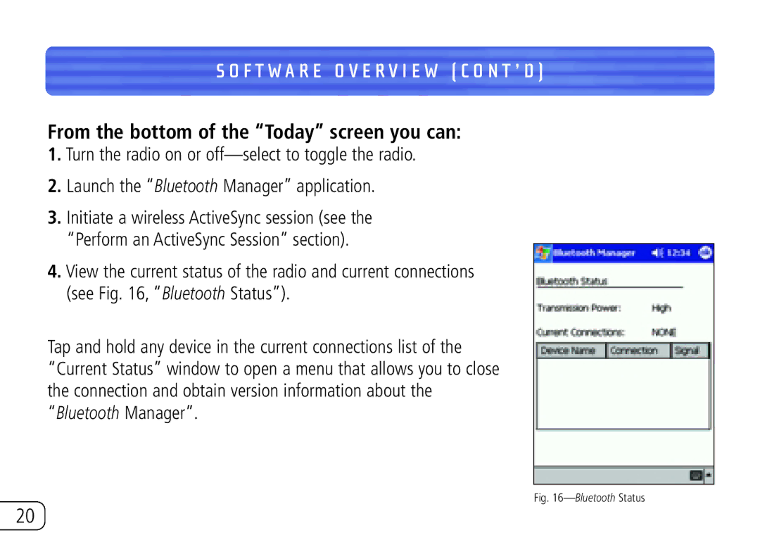 Belkin F8T020 user manual From the bottom of the Today screen you can, BluetoothStatus 