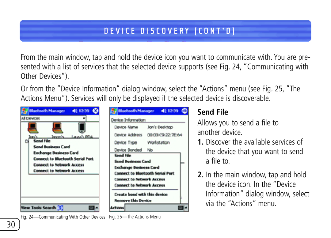 Belkin F8T020 user manual Send File, Communicating With Other Devices -The Actions Menu 