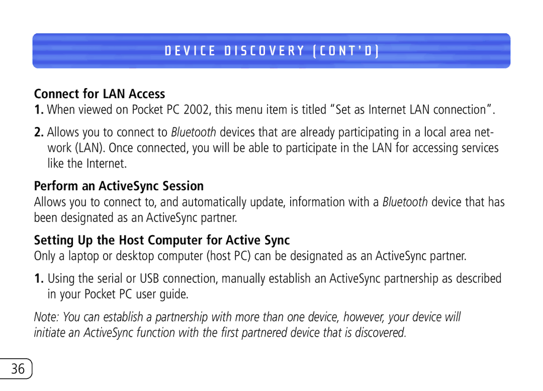 Belkin F8T020 Connect for LAN Access, Perform an ActiveSync Session, Setting Up the Host Computer for Active Sync 