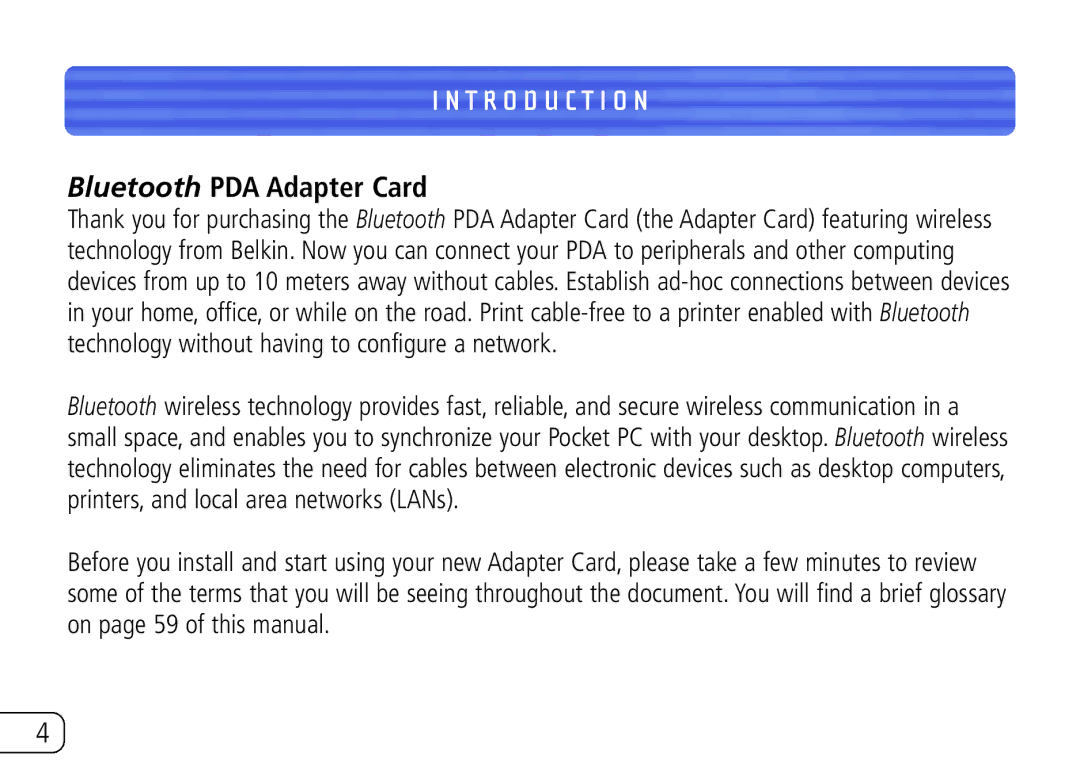 Belkin F8T020 user manual T R O D U C T I O N, Bluetooth PDA Adapter Card 