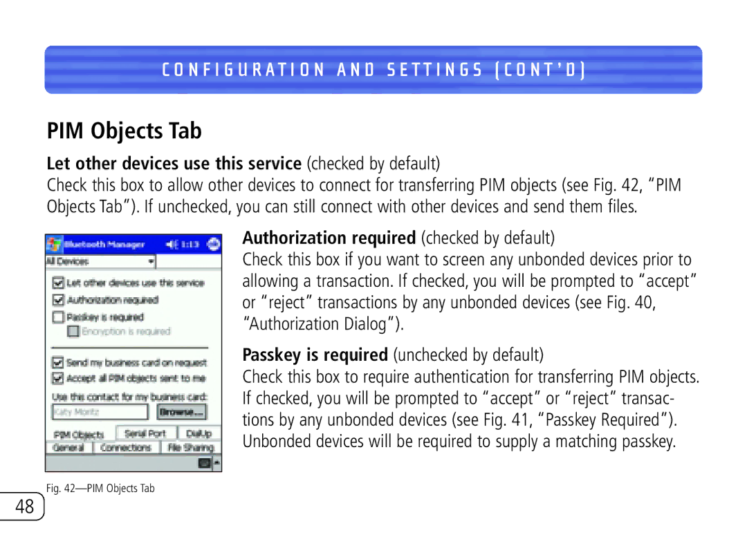 Belkin F8T020 user manual PIM Objects Tab, Let other devices use this service checked by default 