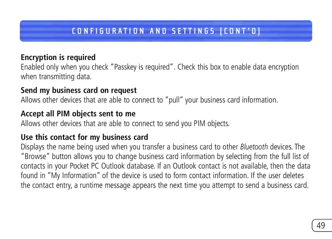Belkin F8T020 user manual Encryption is required, Send my business card on request, Accept all PIM objects sent to me 