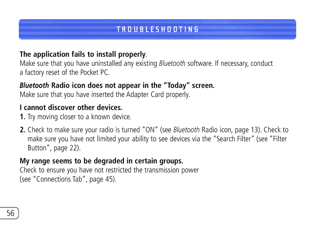 Belkin F8T020 user manual Troubleshooting, Application fails to install properly, Cannot discover other devices 