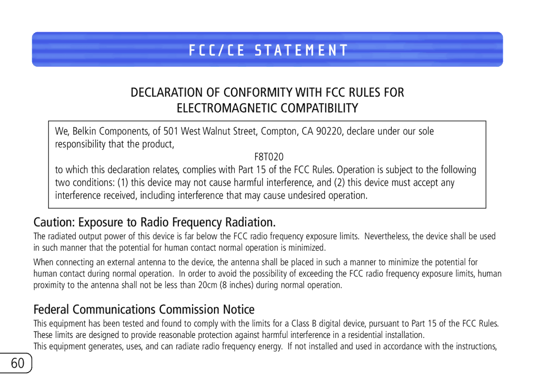 Belkin F8T020 user manual C / C E S T a T E M E N T 