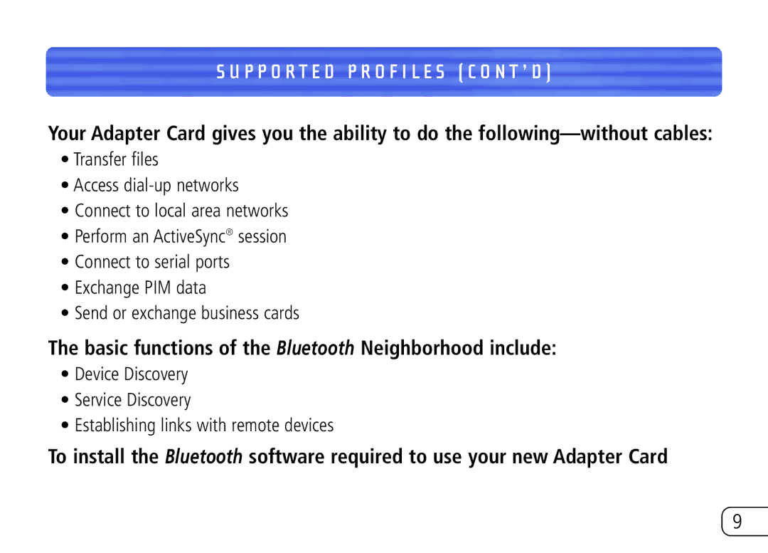 Belkin F8T020 user manual P P O R T E D P R O F I L E S C O N T ’ D, Basic functions of the Bluetooth Neighborhood include 