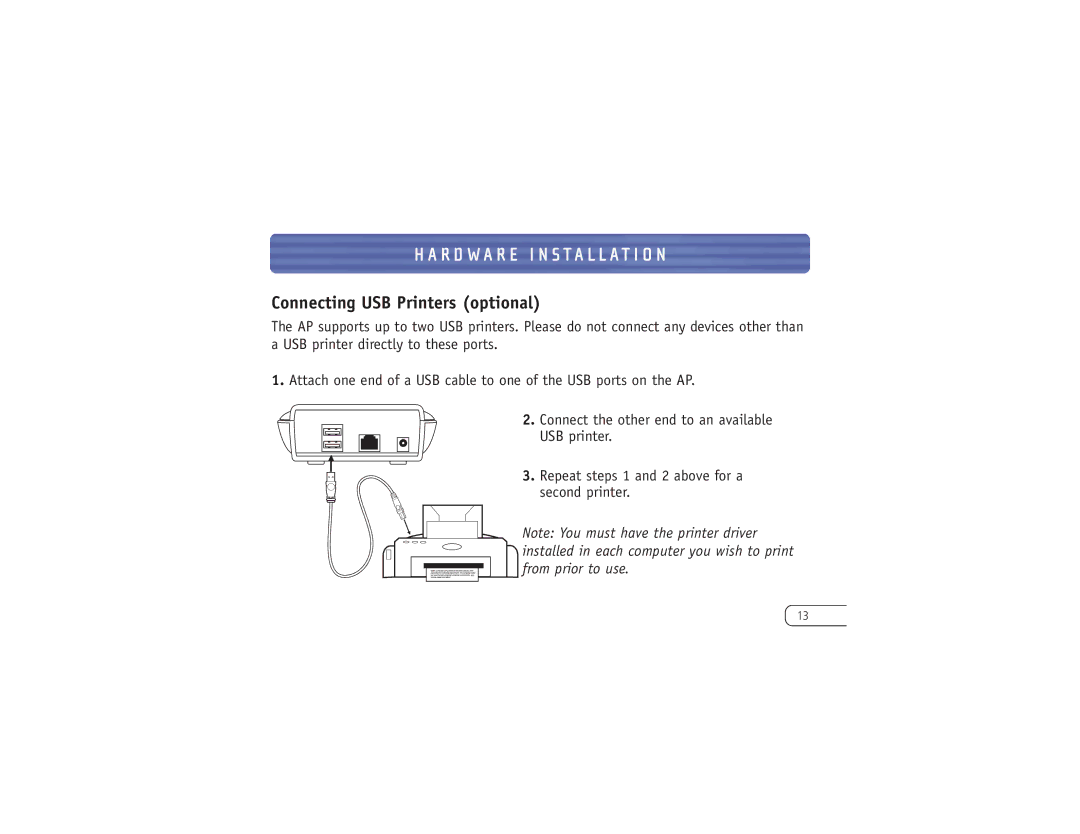 Belkin F8T030 user manual Connecting USB Printers optional 