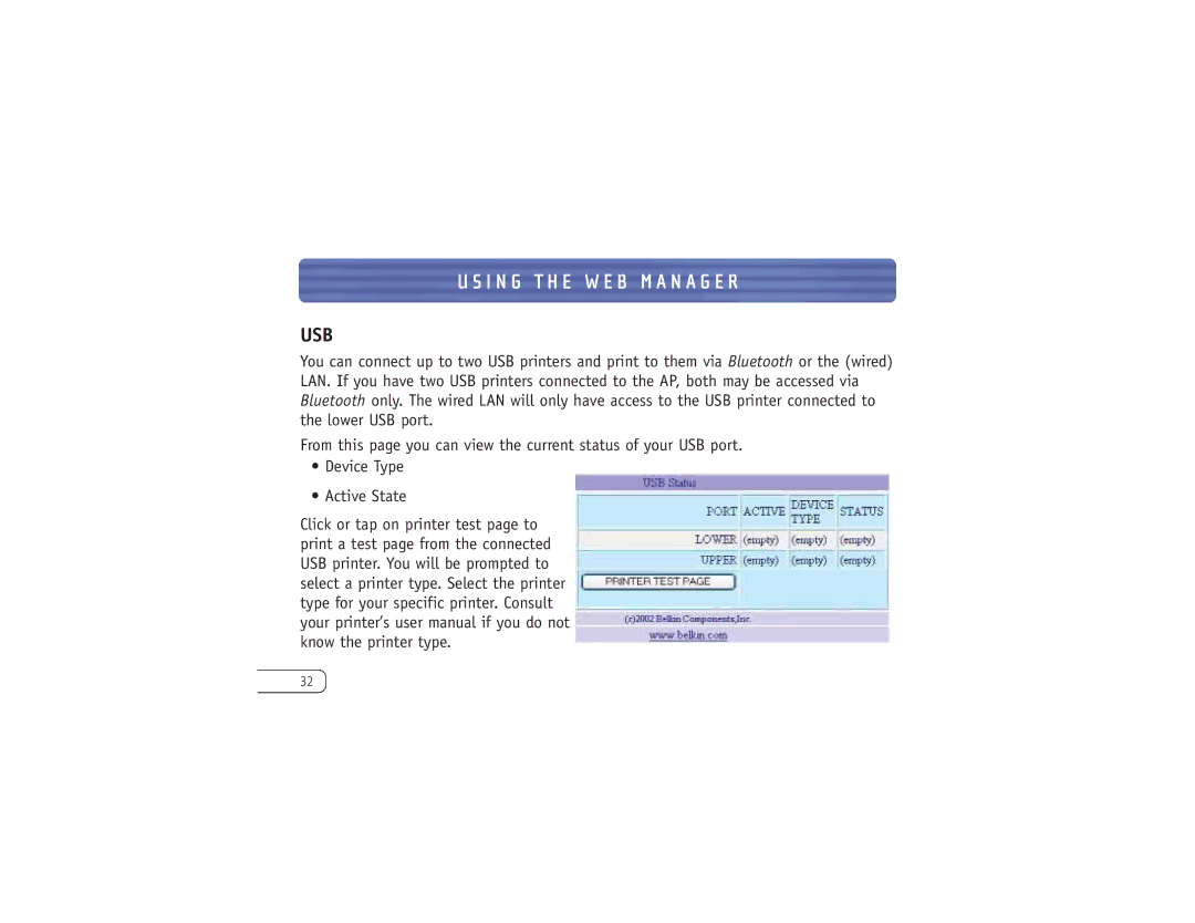 Belkin F8T030 user manual Usb 