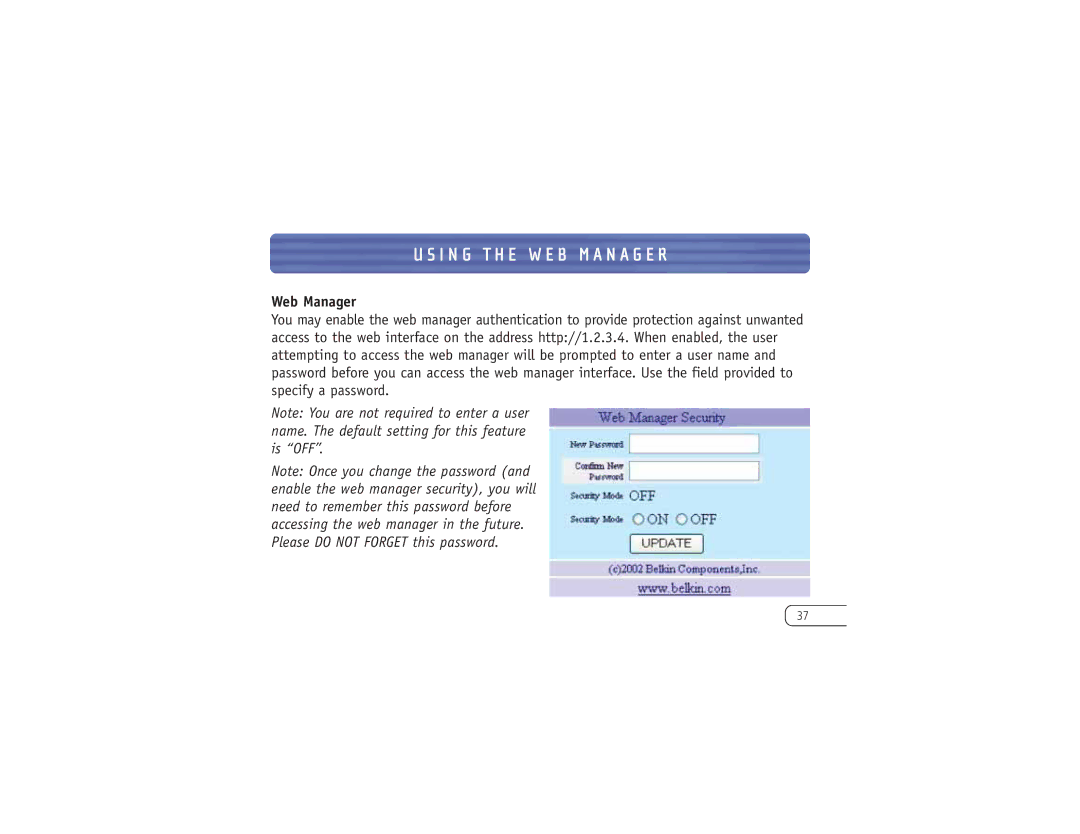 Belkin F8T030 user manual Web Manager 