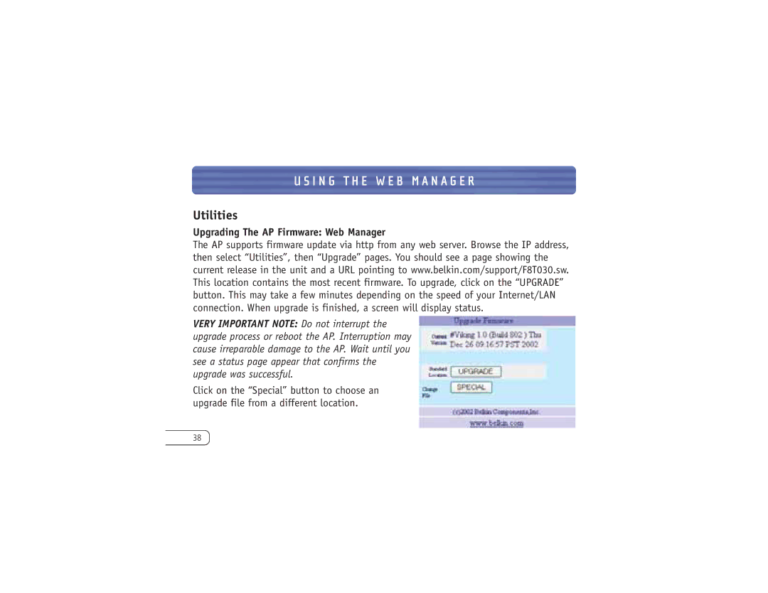 Belkin F8T030 user manual Utilities, Upgrading The AP Firmware Web Manager 