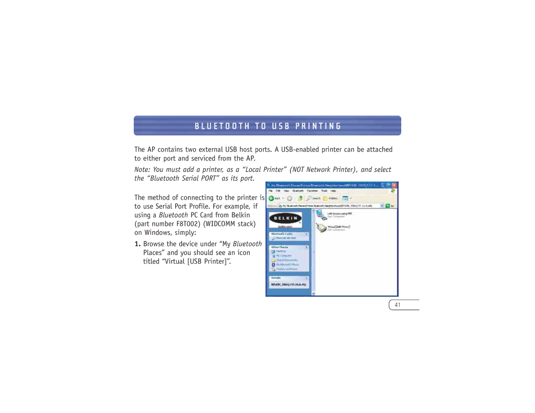 Belkin F8T030 user manual Bluetooth T O U S B P R I N T I N G 