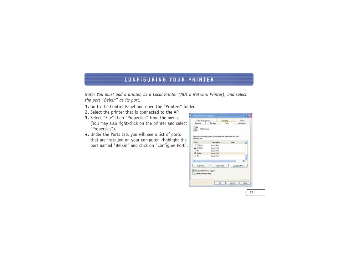 Belkin F8T030 user manual N F I G U R I N G Y O U R P R I N T E R 