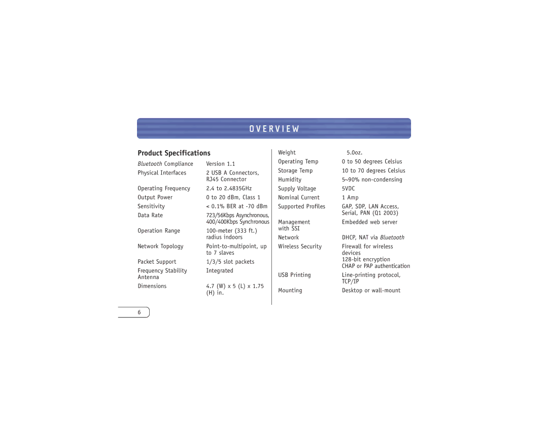 Belkin F8T030 user manual Product Specifications, 5VDC 