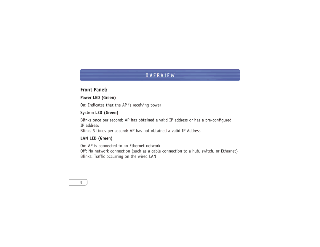 Belkin F8T030 user manual Front Panel, Power LED Green, System LED Green, LAN LED Green 