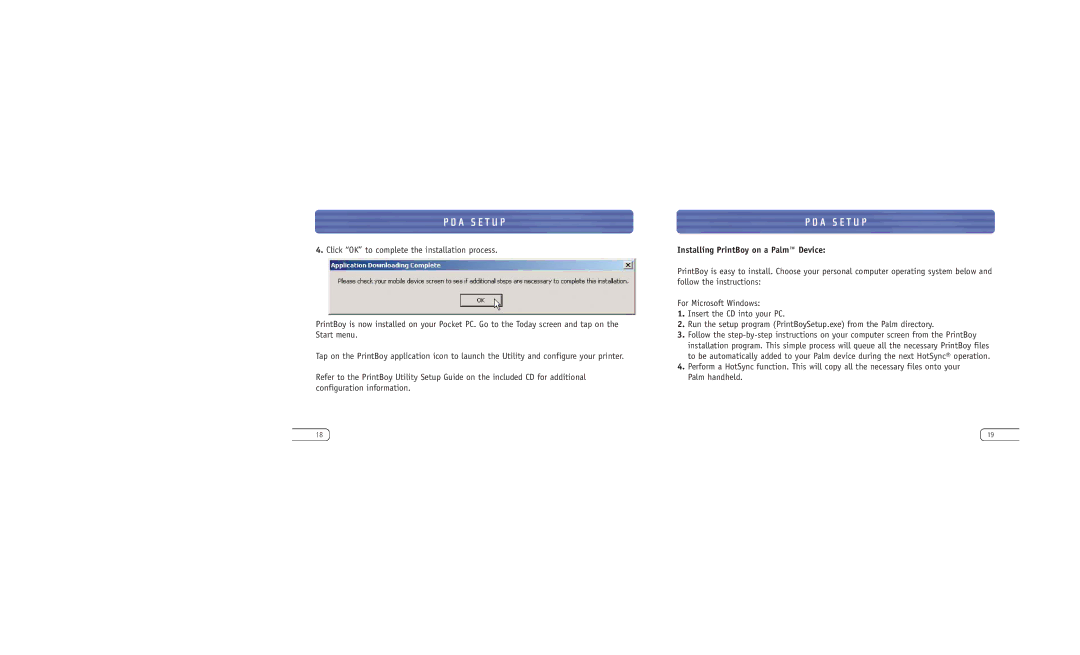 Belkin F8T031 user manual A S E T U P, Installing PrintBoy on a Palm Device 